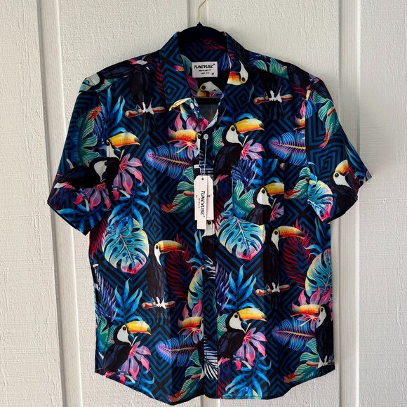 Tunevuse Blue Floral Toucans Camp Hawaiian Shirt Mens Medium Regular Fit - Picture 3 of 3